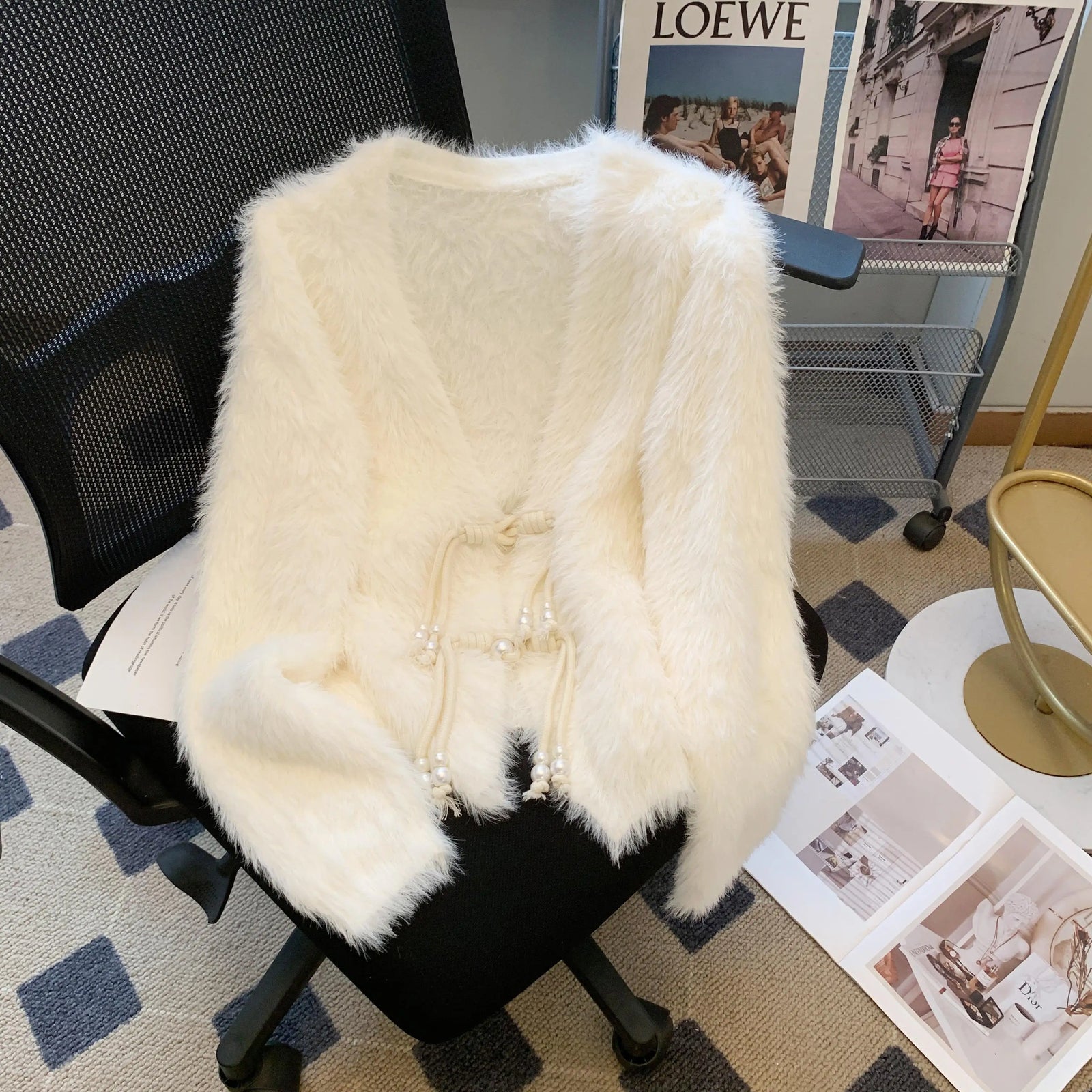 Autumn Winter Chinese Style White V Neck Elegant Knitted Cardigan Tops Women Beige Single Breasted Long Sleeve Mink Sweater Chic