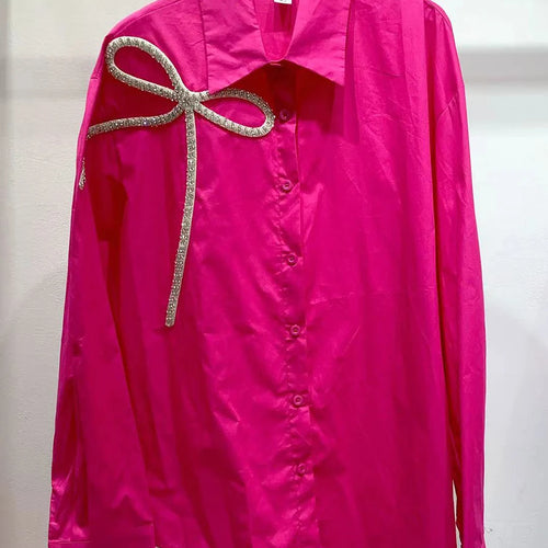 Load image into Gallery viewer, Solid Spliced Diamonds Loose Blouses For Women Lapel Long Sleeve Loose Casual Temperament Shirt Female Fashion New
