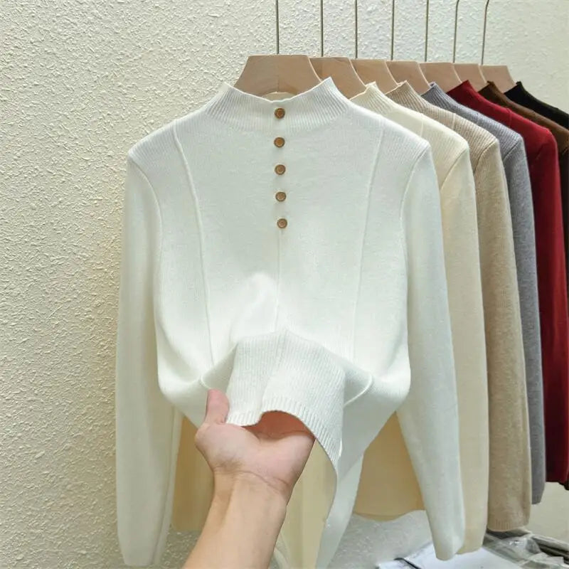 Autumn Winter Korean Fashion Solid Half High Neck Single Breasted Velvet Knit Sweater Women Slim Warm Long Sleeve Pullovers Tops