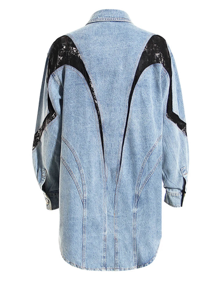 Loose Fit Blue Denim Lace Big Size Casual Jacket New Lapel Long Sleeve Women Coat Fashion Tide Spring Autumn 2025 1DH1698