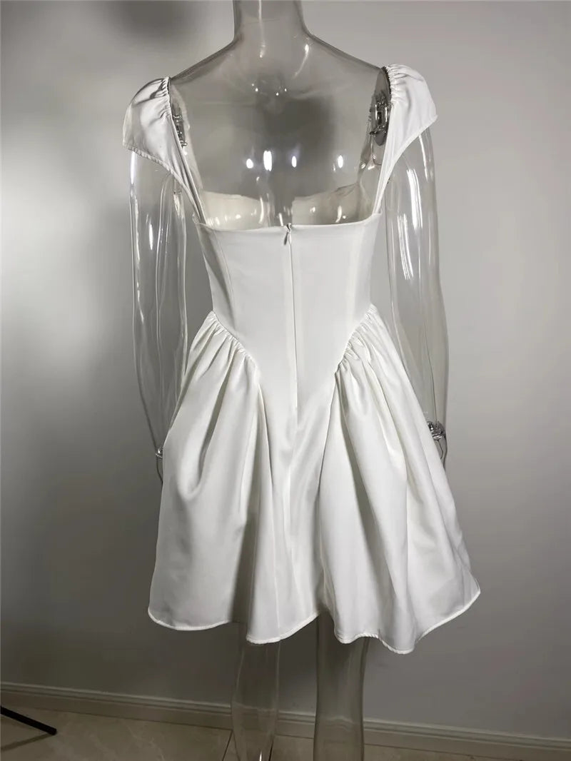 White Backless Sexy Mini Dress For Women Fashion Square Collar Short Sleeve High Waist A-line Club Party Sexy Dress