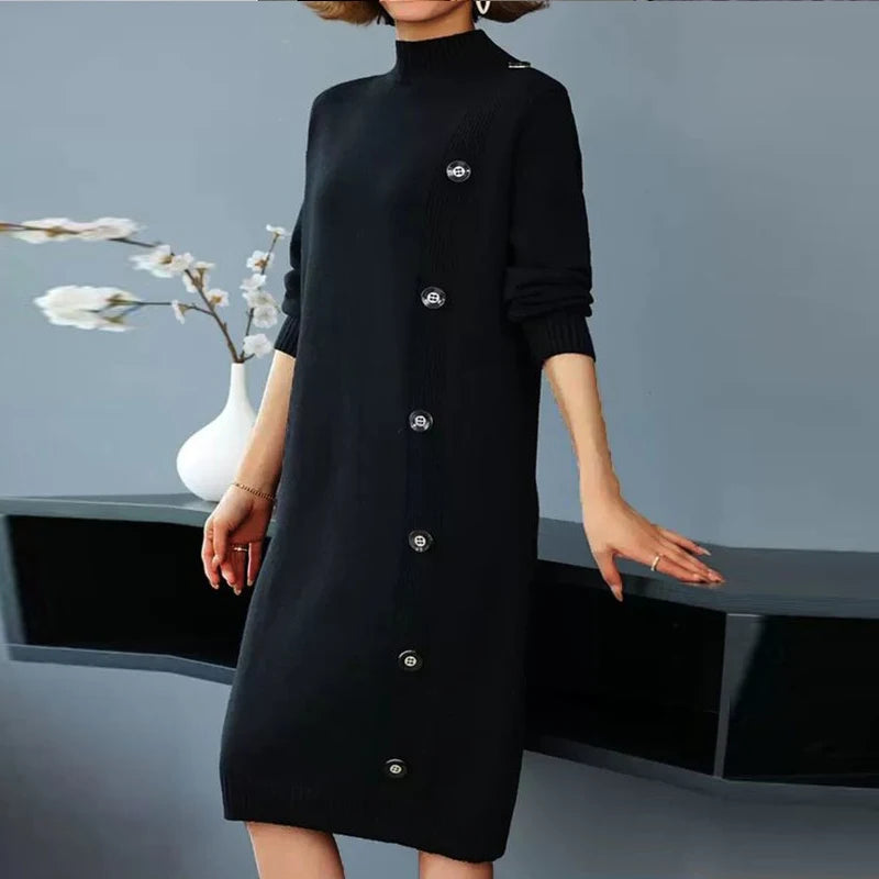 Simple Black Knitting Casual Autumn Sweater Dresses for Women 2025 Winter Long Sleeves Buttoned Woman Elegant Dresses