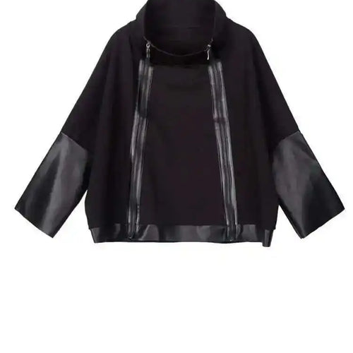 Load image into Gallery viewer, Loose Fit Black Pu Leather Zipper Casual Sweatshirt New Turtleneck Long Sleeve Women Big Size Fashion Autumn 2025 1DF4790
