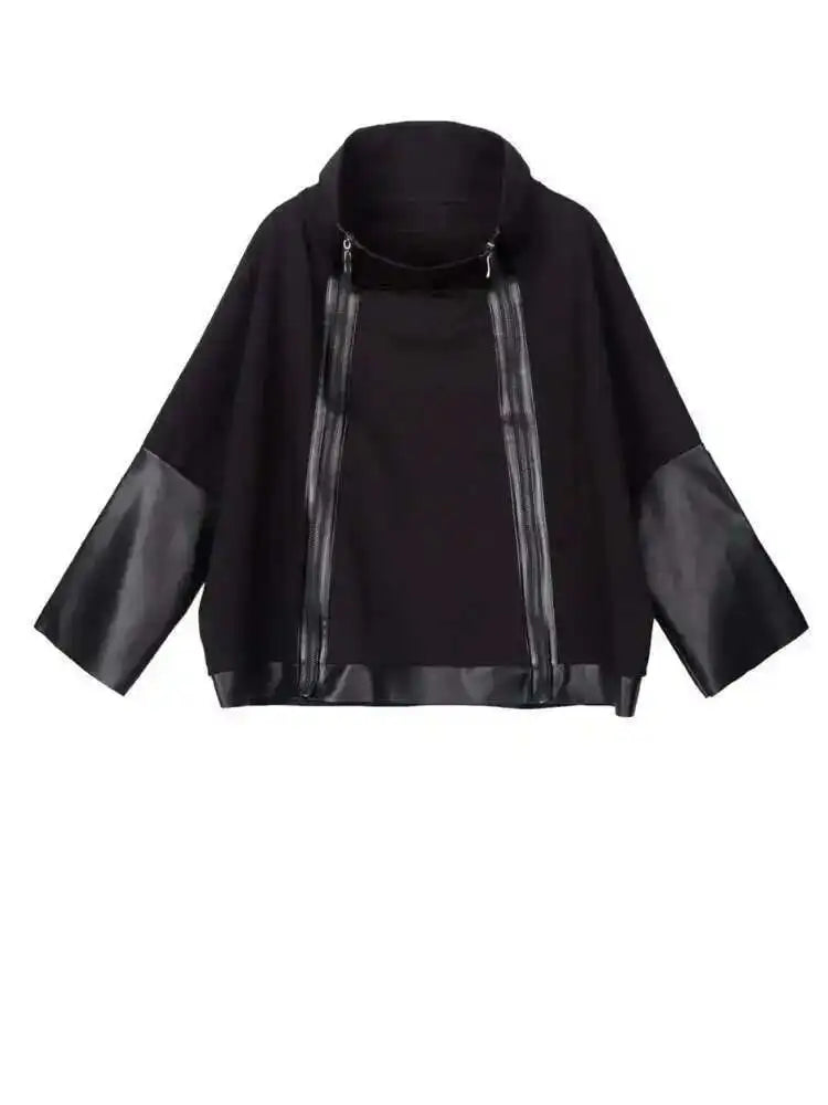 Loose Fit Black Pu Leather Zipper Casual Sweatshirt New Turtleneck Long Sleeve Women Big Size Fashion Autumn 2025 1DF4790