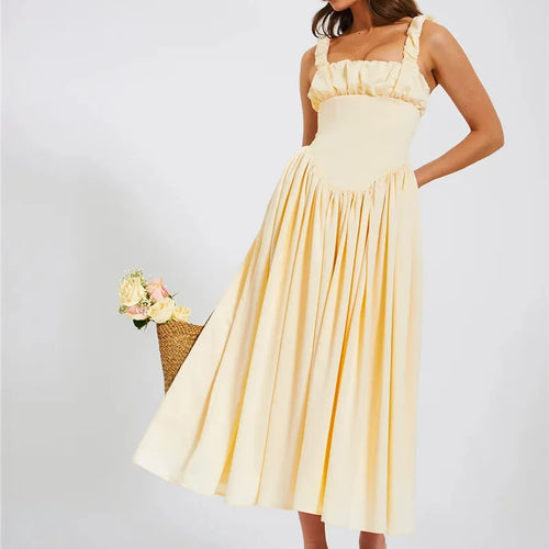 Load image into Gallery viewer, Elegant Satin Backless Midi Dress For Women High Quality Sundress Fashion Square Collar Sleeveless Loose Pleated Dress
