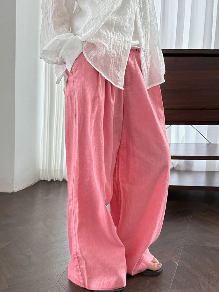 High Elastic Waist White Linen Pleated Long Wide Leg Pants New Trousers Women Fashion Tide Spring Summer 2025 1DJ1280