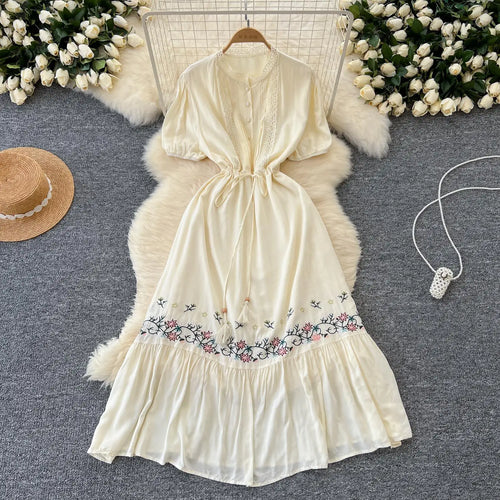Load image into Gallery viewer, Retro 2024 Summer New Women's Round Neck Embroidered Lace Patchwork Lace Up Long Dresses Fashion Short Sleeves Button Dress Boho
