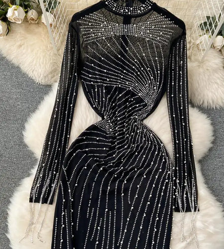 Women Black Mesh Tassel Long Sleeve Diamonds Bodycon Long Dresses Autumn Vintage Elegant Birthday Party Evening Dress French New
