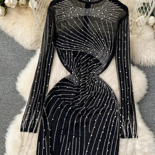 Load image into Gallery viewer, Women Black Mesh Tassel Long Sleeve Diamonds Bodycon Long Dresses Autumn Vintage Elegant Birthday Party Evening Dress French New
