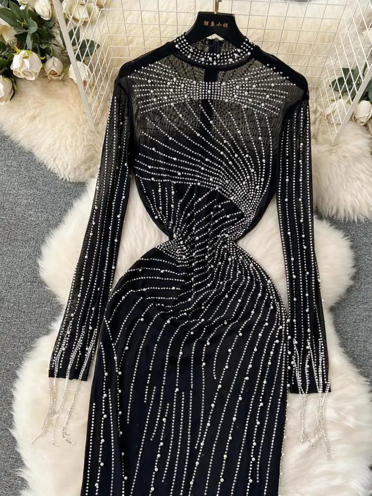 Women Black Mesh Tassel Long Sleeve Diamonds Bodycon Long Dresses Autumn Vintage Elegant Birthday Party Evening Dress French New