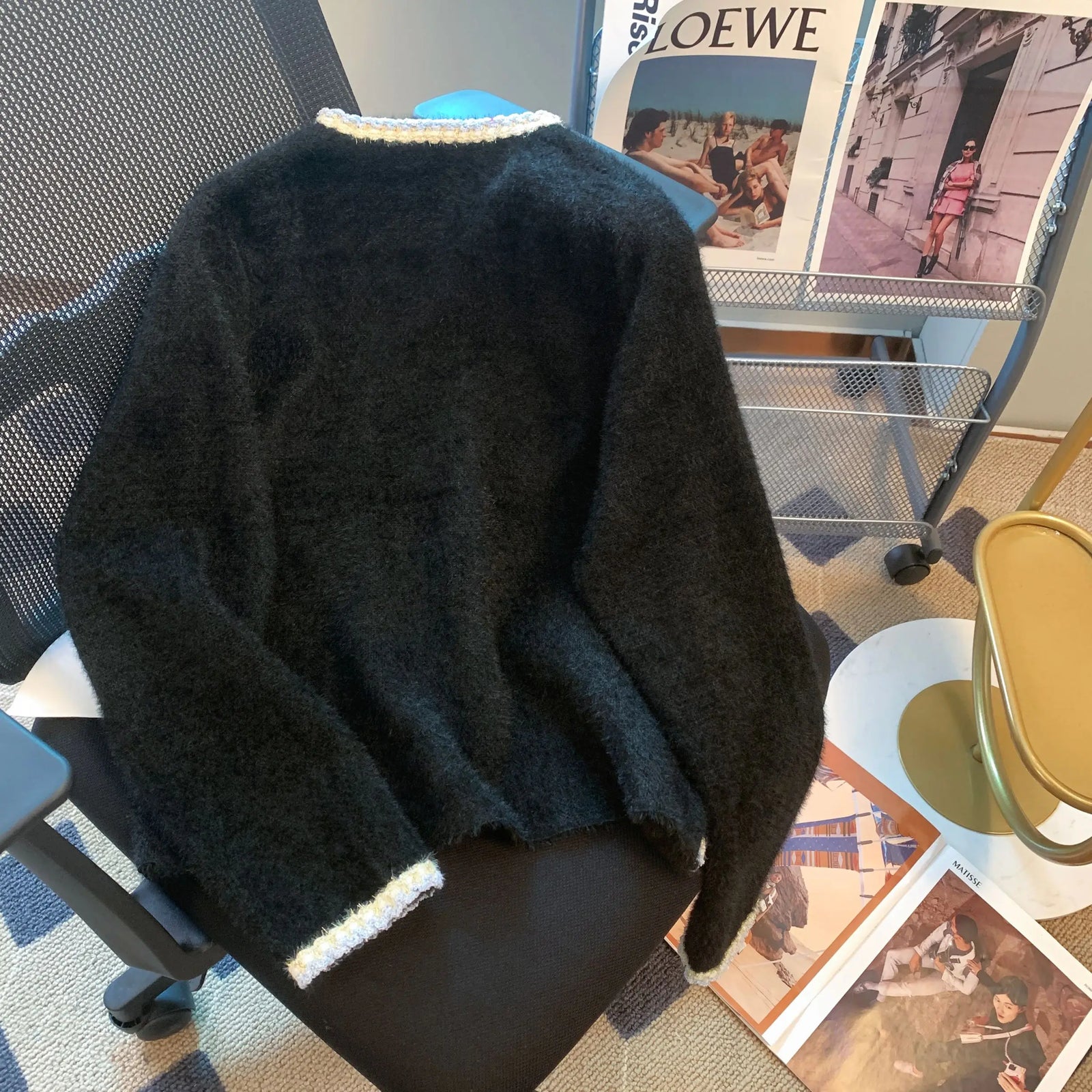 Autumn Winter French Black White Patchwork Knitted Cardigan Tops Women V Neck Single Breasted Long Sleeve Imitation Mink Sweater