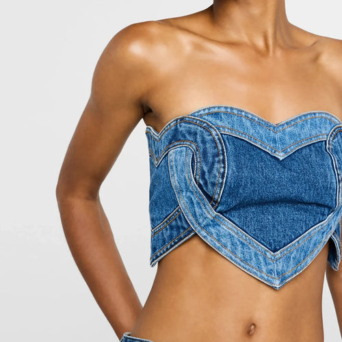 Load image into Gallery viewer, Hit Color Tube Top For Women Strapless Sleeveless Backless Short Love Patchwork Sexy Style Denim Vest Female New
