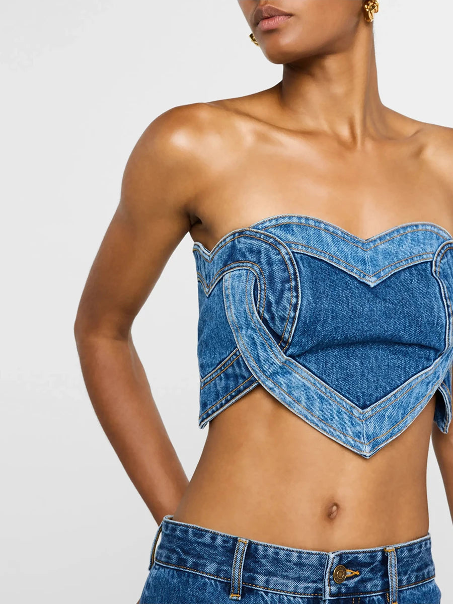 Hit Color Tube Top For Women Strapless Sleeveless Backless Short Love Patchwork Sexy Style Denim Vest Female New