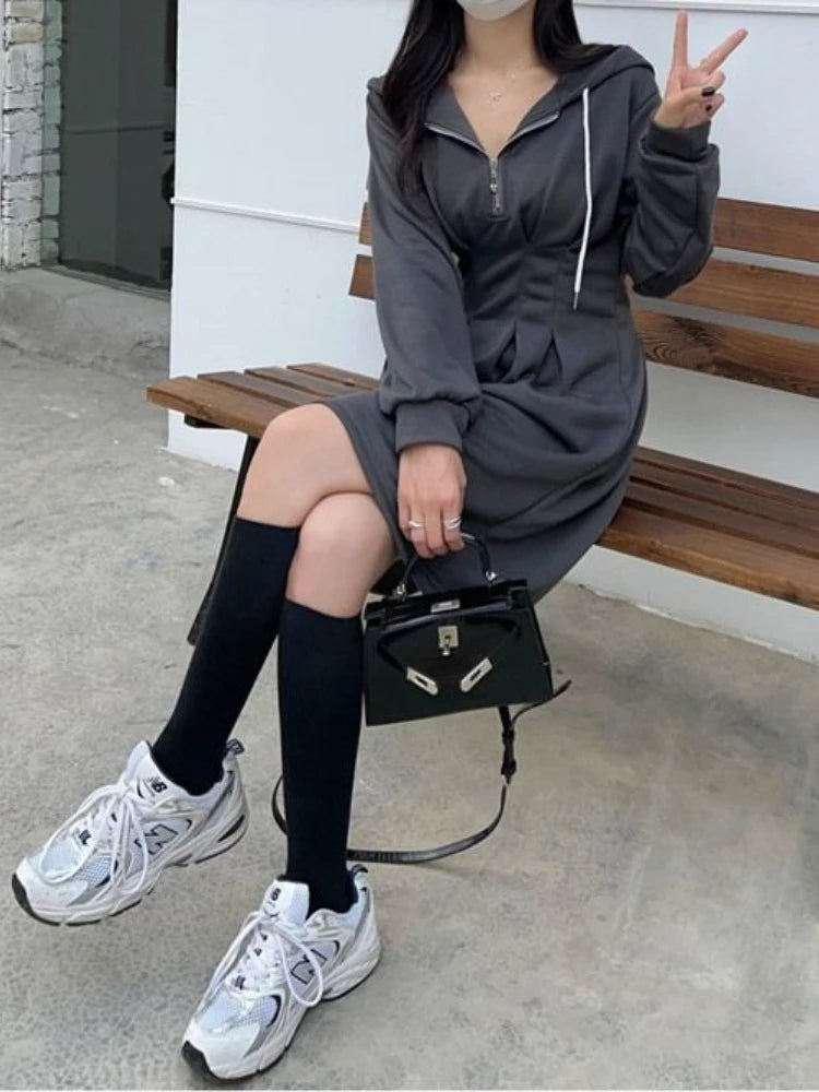 Korean School Sport Oversize Hood Dress Women Kpop Fashion Streetwear Design Student Mini Short Dresses Autumn