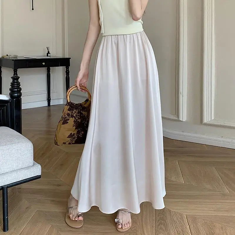 Spring Summer Women Black Beige Pleated Long Skirts Vintage Brown Elastic High Waist Vacation A-line Skirt Simplicity Streetwear