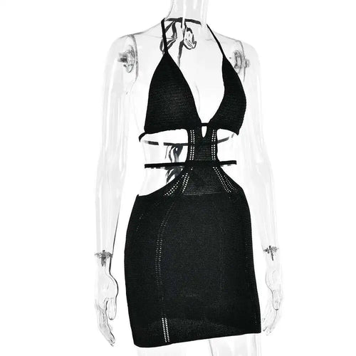 Load image into Gallery viewer, Hollow Out Halter Sexy Mini Dress Women Summer New Sleeveless Backless Skinny Club Party Knit Tank Dress Vestido
