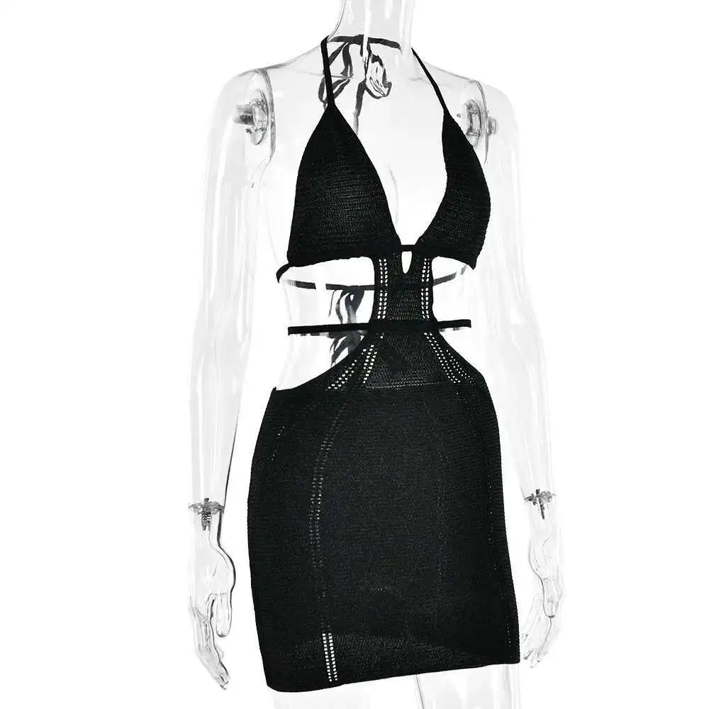 Hollow Out Halter Sexy Mini Dress Women Summer New Sleeveless Backless Skinny Club Party Knit Tank Dress Vestido