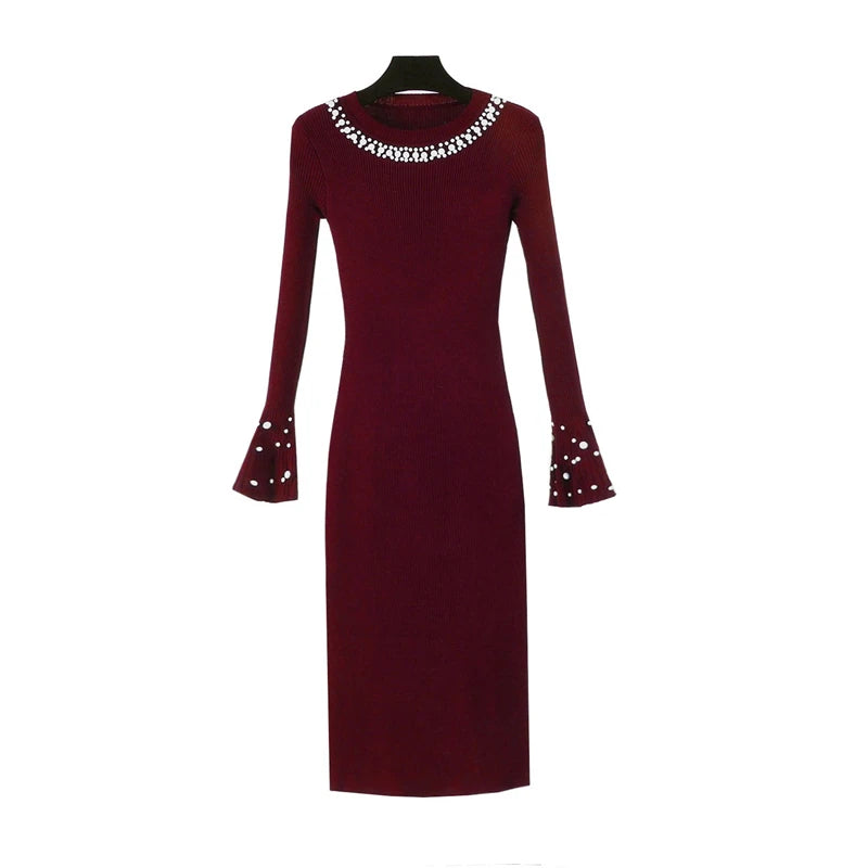 Green Red Bead Round Neck Long Sleeve Temperament Midi Dress Women Autumn Winter Black Office Lady Elegant Knitted Dresses Trend