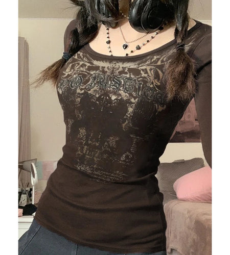 Goth Punk Grunge T Shirt Vintage Aesthetic Graphic Letter Print Long Sleeve Tops y2k Women Clothes 2000s Streetwear