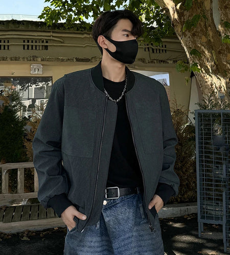 Men's Jackets Round Collar Solid Color Casual Zipper Pockets Loose American Style Male Clothing Stylish 2024 9C9206