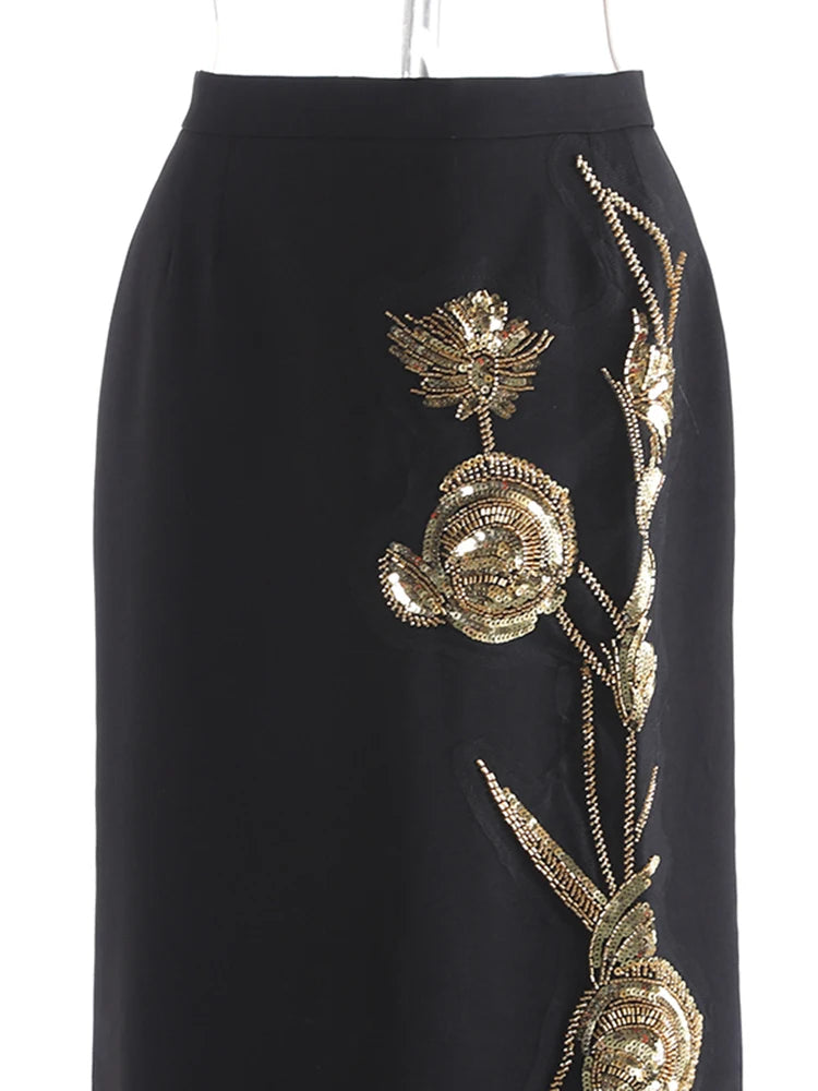 High Elastic Waist Black Three-dimensional Nailed Flower Half-body Skirt Women Fashion Tide New Spring Autumn 2025 1DJ0647