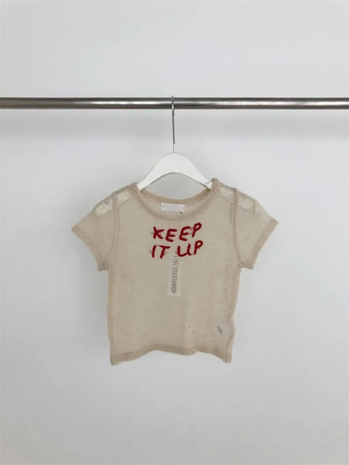 Knit Woman Tshirts Short Sleeve O-neck Tees Fashion Korean Camisetas Embroidery Letter T-shirt Casual See Through Sexy T Shirts