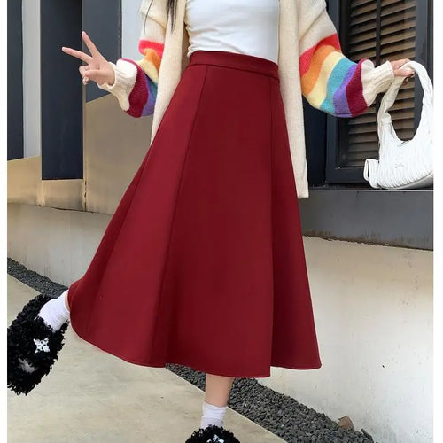 Load image into Gallery viewer, Black Woolen Long Skirt Women Autumn Winter Brown Vintage Elegant Female A Line High Waist Red Umbrella Skirt Thick Fashion
