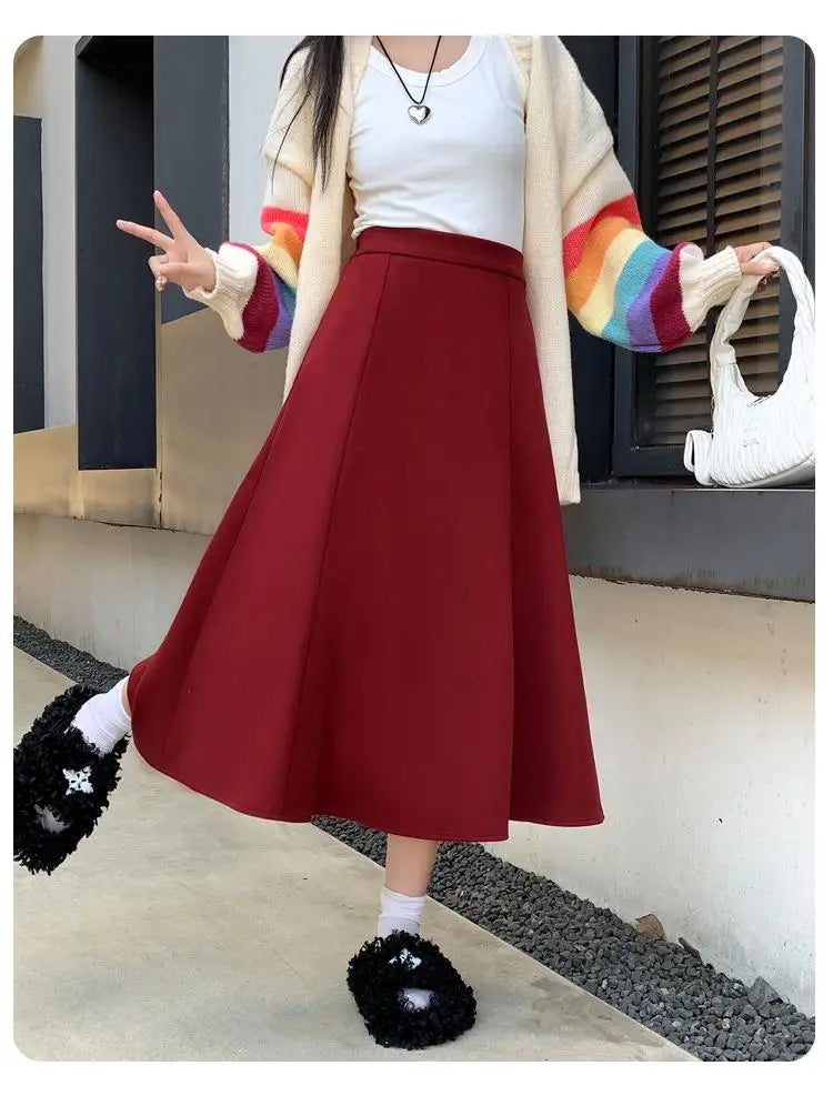 Black Woolen Long Skirt Women Autumn Winter Brown Vintage Elegant Female A Line High Waist Red Umbrella Skirt Thick Fashion