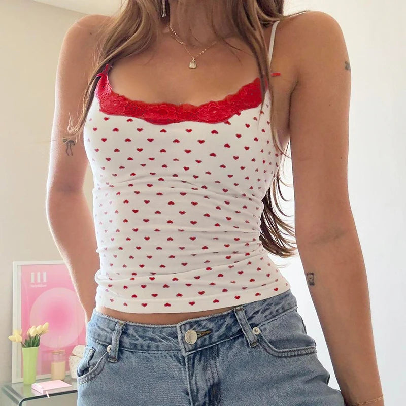 Y2K Cute Heart Printed Mini Summer Camis Women's Lace Patchwork Bow Slim-Fitting Cropped Top Sweety Girls Clothes New