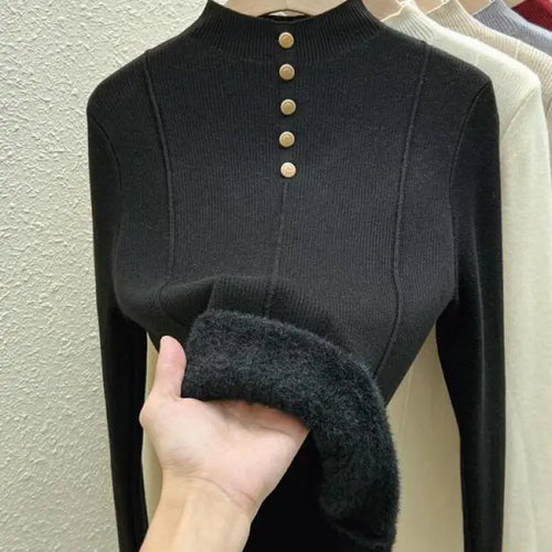 Load image into Gallery viewer, Autumn Winter Korean Fashion Solid Half High Neck Single Breasted Velvet Knit Sweater Women Slim Warm Long Sleeve Pullovers Tops

