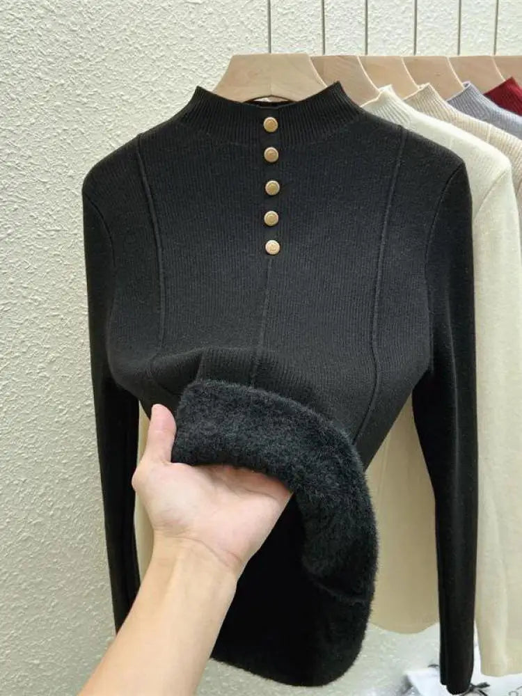Autumn Winter Korean Fashion Solid Half High Neck Single Breasted Velvet Knit Sweater Women Slim Warm Long Sleeve Pullovers Tops