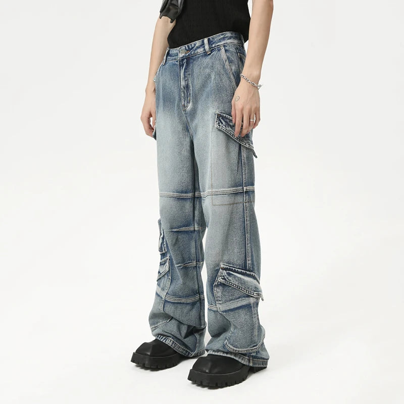 Loose Men's Denim Pants Fashion Summer Wide-leg Zipper Male Straight Trousers New Stylish High Street Menwear 9C6084