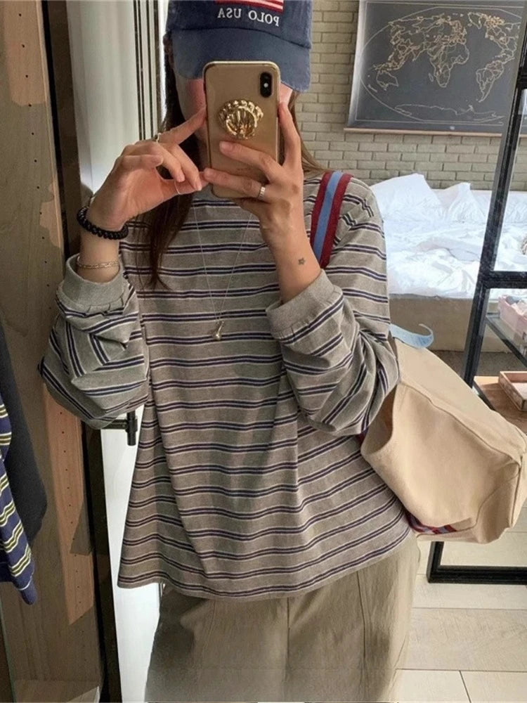 Simple Korean Woman T Shirts 2024 Ropa Mujer Vintage Long Sleeve Loose Tees Fashion Camisetas Casual Striped Y2k Tshirt Tops
