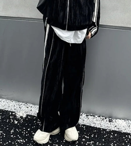 Niche Design Men's Two-piece Striped Lapel Contrast Color Jackets Straight Wide Leg Drawstring Male Sweatshirts 2025 9C9203