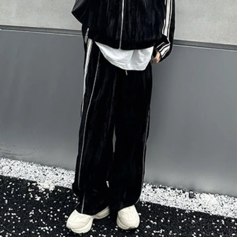 Niche Design Men's Two-piece Striped Lapel Contrast Color Jackets Straight Wide Leg Drawstring Male Sweatshirts 2025 9C9203