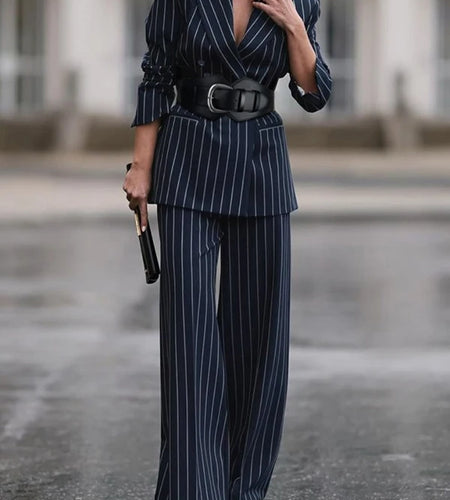 Blazers for Women Fall Spring Outerwear V-Neck Long Sleeves Striped Urban Ladies Clothing Jacket with Belt