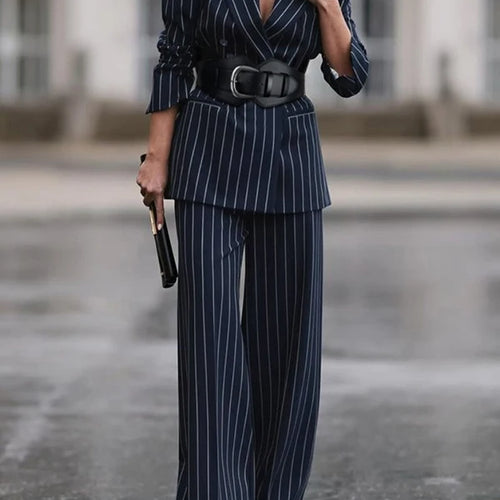 Load image into Gallery viewer, Blazers for Women Fall Spring Outerwear V-Neck Long Sleeves Striped Urban Ladies Clothing Jacket with Belt
