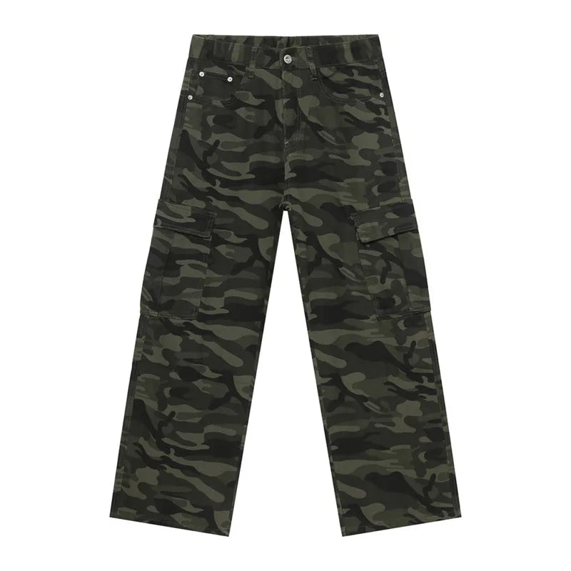 American Syle Men's Denim Pants Camouflage Big Pockets Vasual Washing Trousers Straight Wide Leg Loose Male Jeans 9C7508