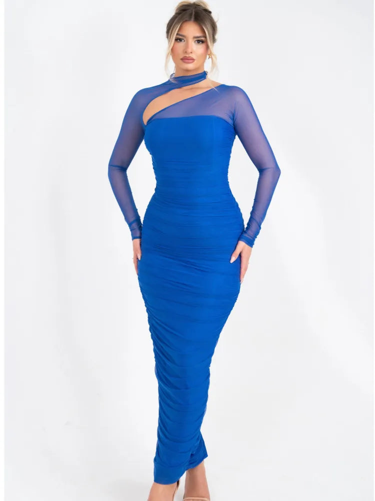 Elegant Long Sleeve Mesh Patchwork Hollow Irregular Dress Women Sexy Tight Double Layer Autumn/Winter 2025 New Vestido