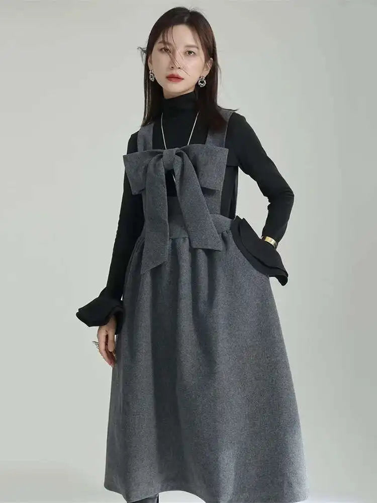 Women Gray Bow Bandage Spliced Long Elegant Woolen Dress New Sleeveless Loose Fit Fashion Tide Autumn Winter 2025 1DF3527