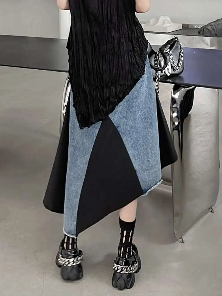 High Elastic Waist Black Denim Irregular Color-block Half-body Skirt Women Fashion Tide New Spring Autumn 2025 1DH5253