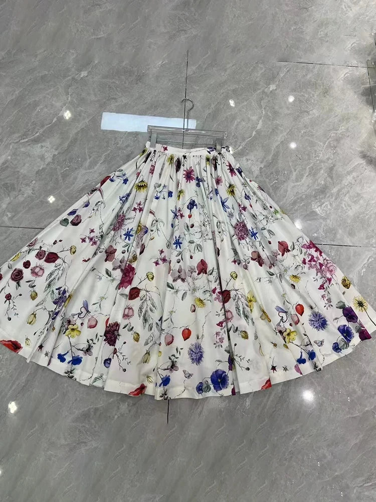 Colorblock Printing Casual Skirts For Women High Waist Patchwork Folds Temperament Loose Skirt Female Fashion