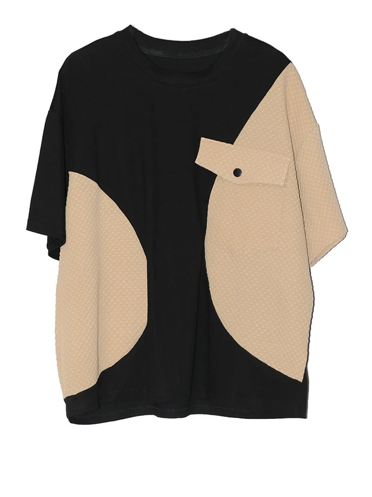Women Black Splice Color-block Big Size Casual T-shirt New Round Neck Short Sleeve Fashion Tide Spring Summer 2025 1DJ0603