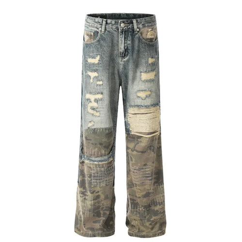 Load image into Gallery viewer, Patchwork Streetwear Men&#39;s Denim Pants Niche Design Camouflage Worn-out Straight Wide Leg Male Jeans Autumn Tide 9C8818
