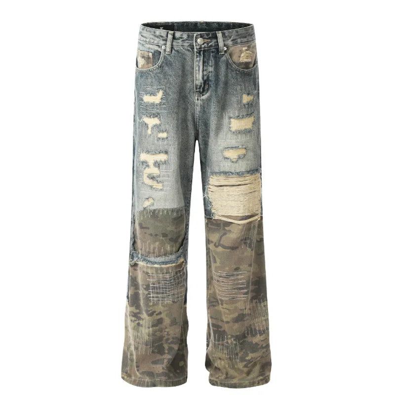 Patchwork Streetwear Men's Denim Pants Niche Design Camouflage Worn-out Straight Wide Leg Male Jeans Autumn Tide 9C8818