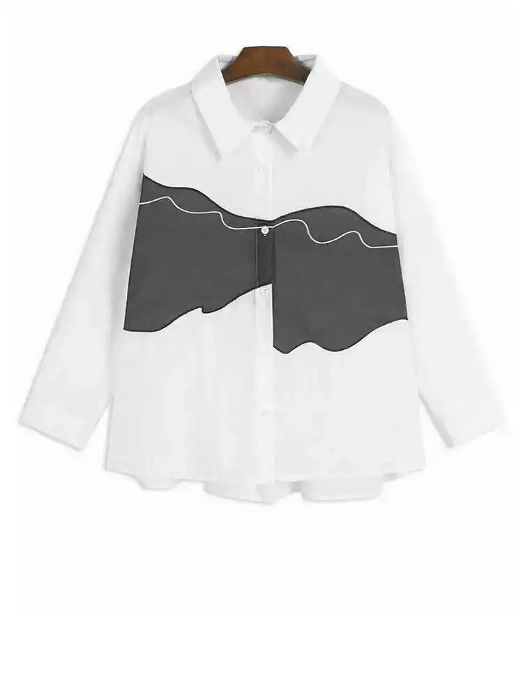 Women Black White Color-block Big Size Casual Blouse New Lapel Long Sleeve Shirt Fashion Tide Spring Autumn 2025 1DH6909