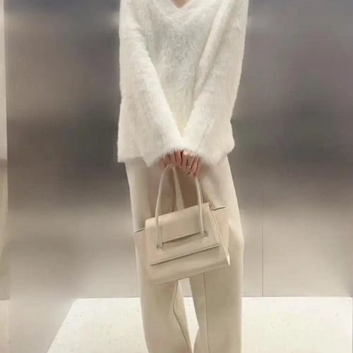 Load image into Gallery viewer, French 2024 Autumn Winter White Loose Vacation Mink Sweater Women V-neck Knitwear Office Lady Pullover Long Sleeve Tops Clothes
