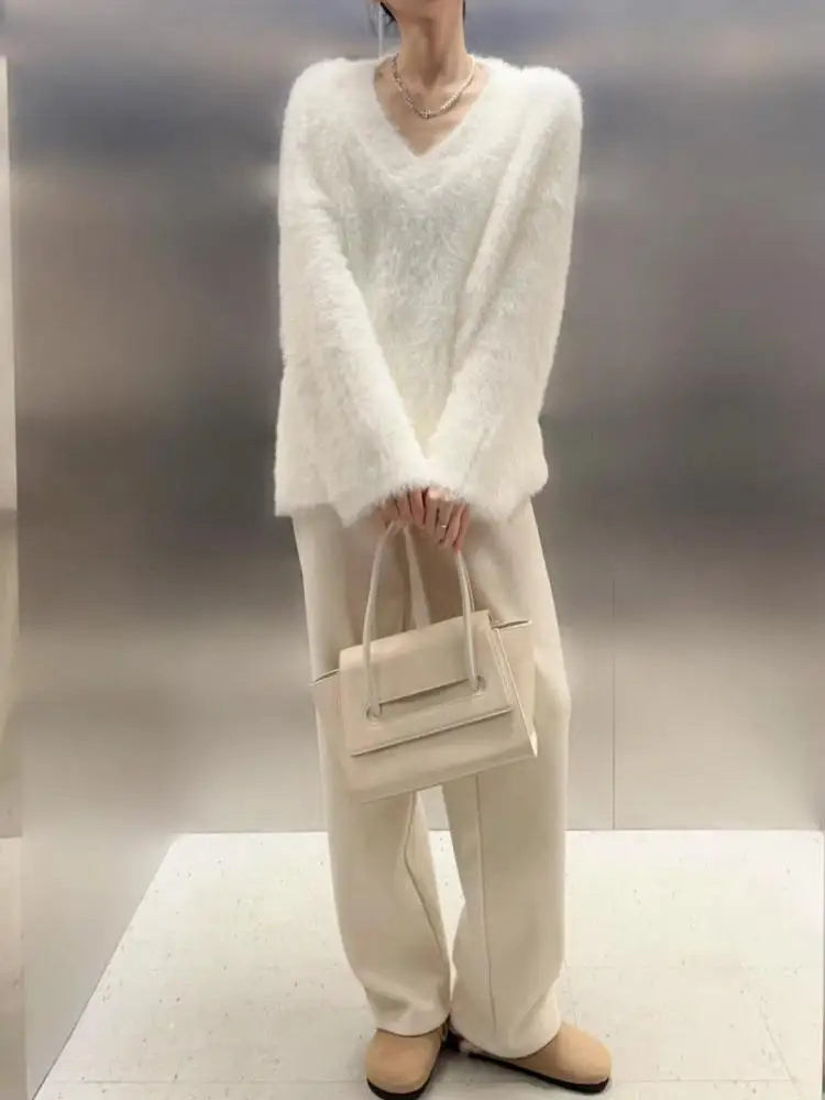 French 2024 Autumn Winter White Loose Vacation Mink Sweater Women V-neck Knitwear Office Lady Pullover Long Sleeve Tops Clothes