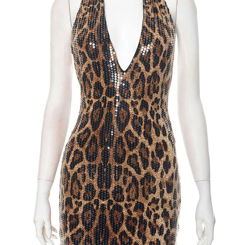 Load image into Gallery viewer, Fashion Sequins Leopard Print Mini Dress For Women Deep V Neck Halter Backless Slim Skinny Club Party Dresses Midnight
