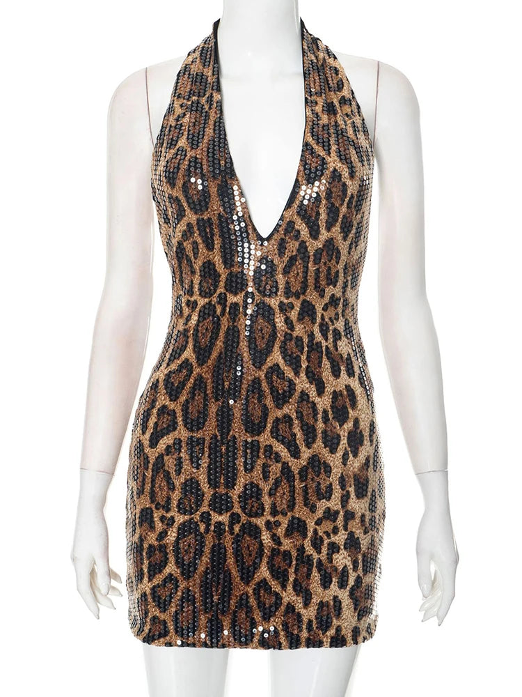 Fashion Sequins Leopard Print Mini Dress For Women Deep V Neck Halter Backless Slim Skinny Club Party Dresses Midnight